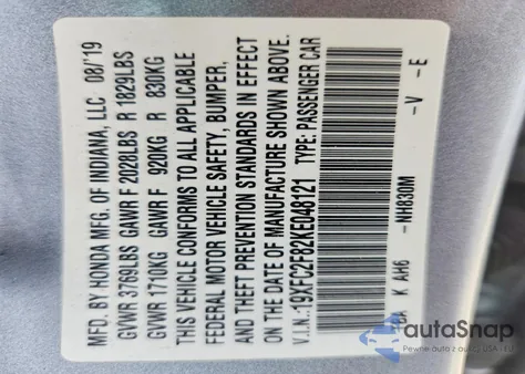 2019 Honda Civic Sport z USA, uszkodzony, nr VIN 19XFC2F82KE048121